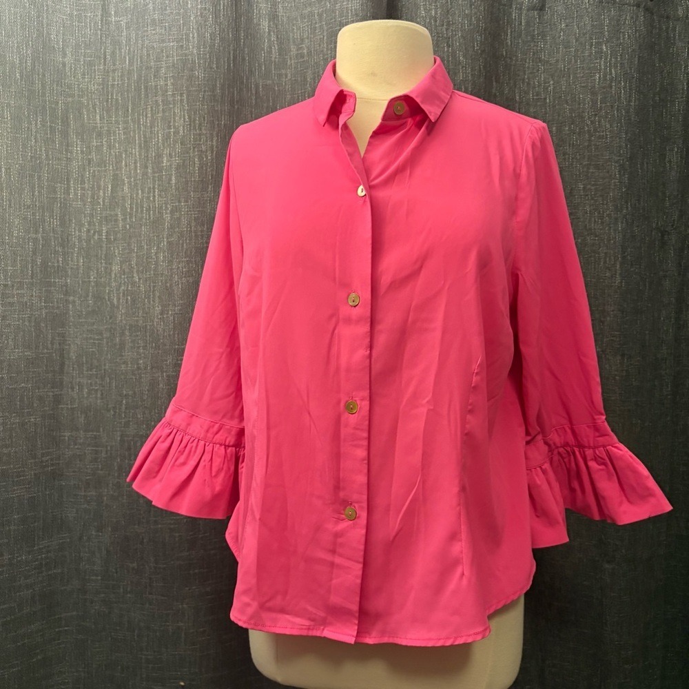 Gretchen Scott Bright Hot Pink Button Down Shirt Ruffle Sleeve (Large)